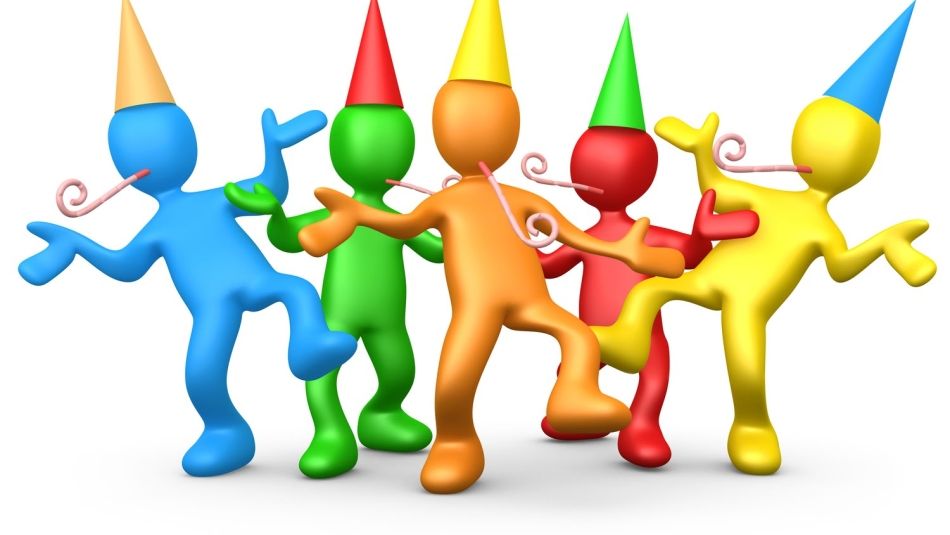 Colourful cartoon characters dancing with party hats and horns